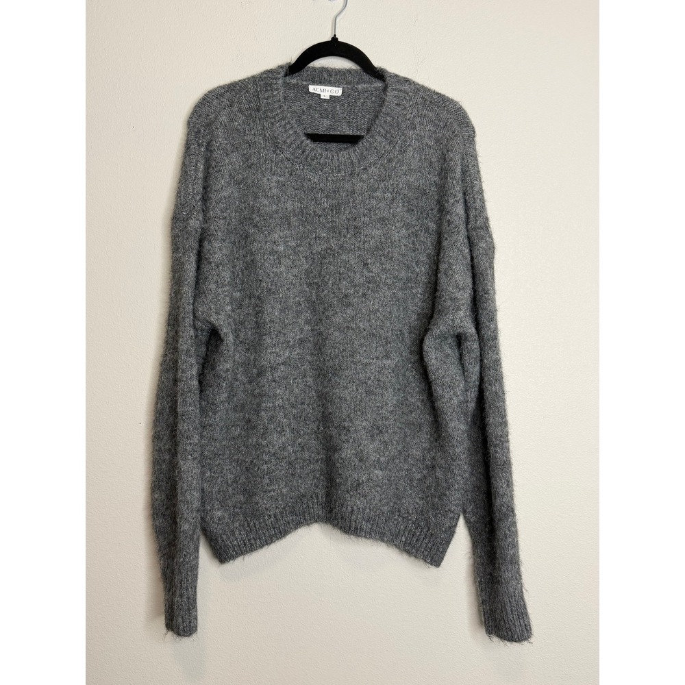 AEMI+CO Women's Gray Fuzzy Knit Wool Blend Oversized Crewneck Sweater Large